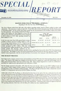 Boston ends fiscal 1992 with a surplus, repeating in the next two years will be difficult