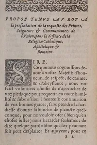 Propos tenus au roy a la presentatio[n] de la requeste des princes, seigneurs & communautez de l'Vnion, pour la deffence de la religion Catholique, Apostolique & Romaine