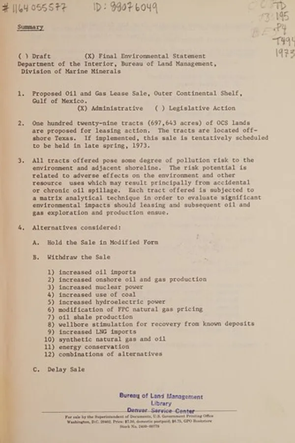 Capa de Proposed 1973 Outer Continental Shelf east Texas general oil and gas lease sale
