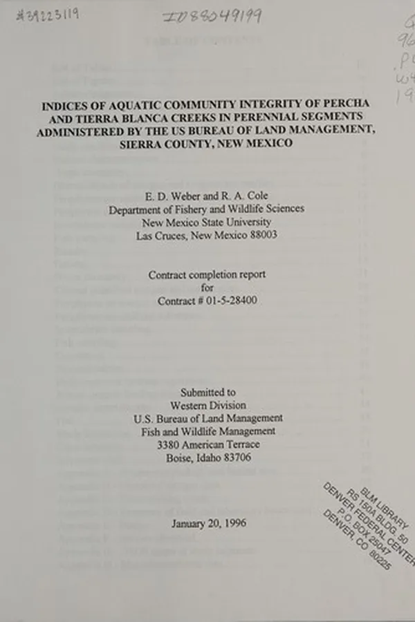 Capa de Indices of aquatic community integrity of Percha and Tierra Blanca creeks in perennial segments administered by the Bureau of Land Management, Sierra County, New Mexico