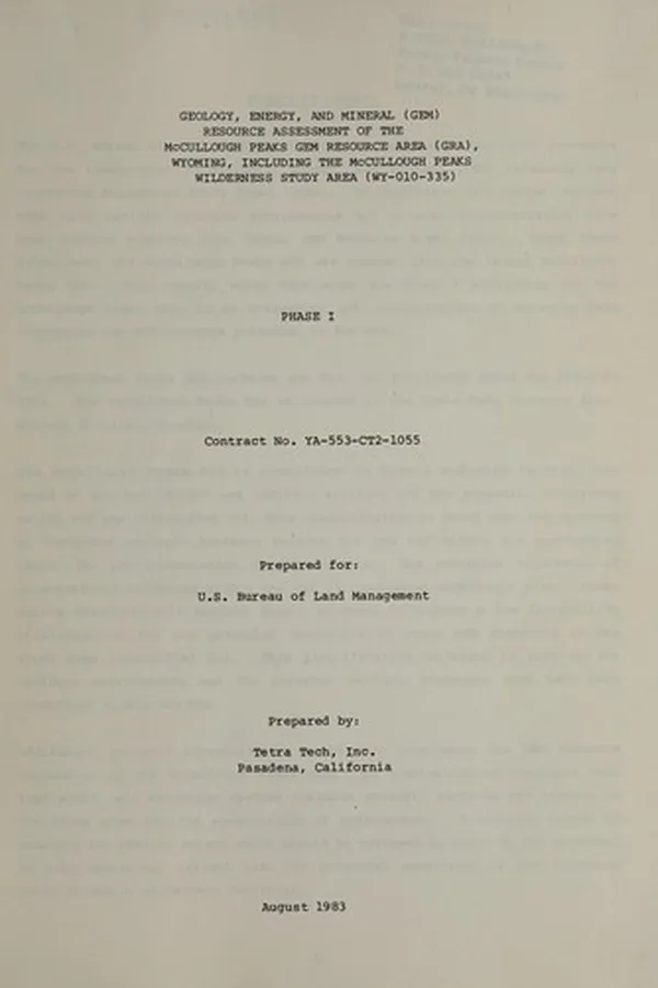Capa de Geology, energy, and mineral (GEM) resource assessment of the McCullough Peaks GEM Resource Area (GRA), Wyoming, including the McCullough Peaks Wilderness Study Area (WY-010-335)
