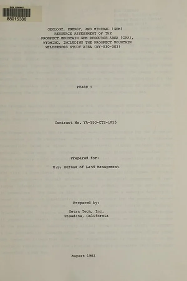 Capa de Geology, energy, and mineral (GEM) resource assessment of the Prospect Mountain GEM Resource Area (GRA), Wyoming, including the Prospect Mountain Wilderness Study Area (WY-030-303)