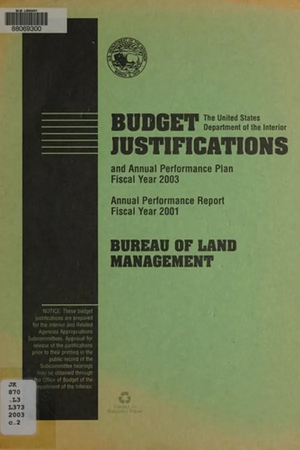 Capa de Budget justifications and annual performance plan, fiscal year 2003 [and] annual performance report fiscal year 2001