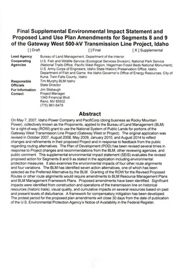 Capa de Final supplemental environmental impact statement and proposed land use plan amendments for segments 8 and 9 of the Gateway West 500-kV Transmission Line Project, Idaho