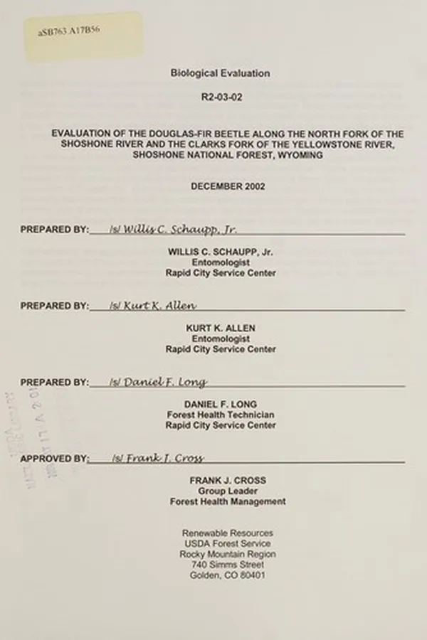 Capa de Evaluation of the Douglas-fir beetle along the North Fork of the Shoshone River and the Clarks Fork of the Yellowstone River, Shoshone National Forest, Wyoming