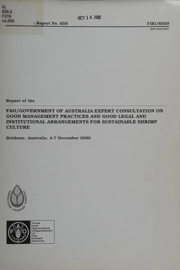 Capa de Report of the FAO/Government of Australia Expert Consultation on Good Management Practices and Good Legal and Institutional Arrangements for Sustainable Shrimp Culture