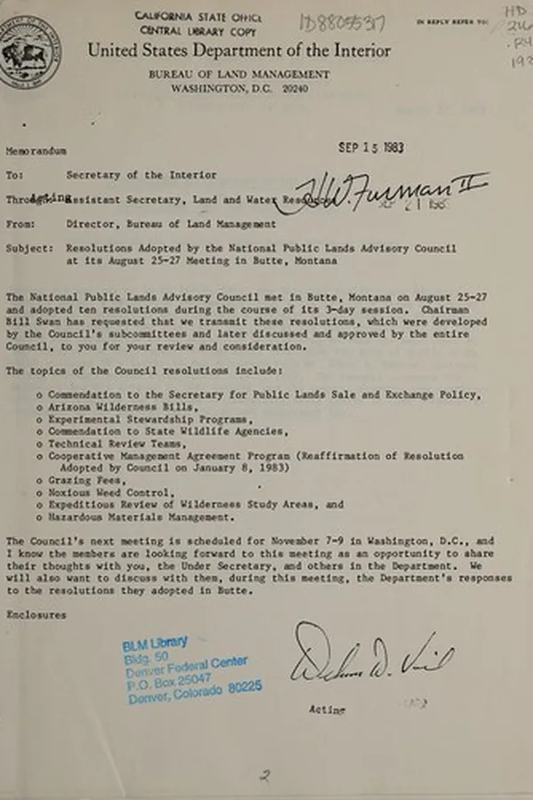Capa de Resolutions adopted by the National Public Lands Advisory Council at its August 25-17 [1983] meeting in Butte Montana