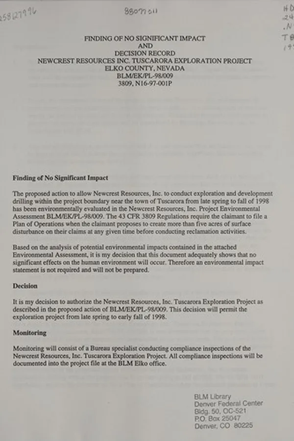 Capa de Newcrest Resources, Inc. Tuscarora Exploration project