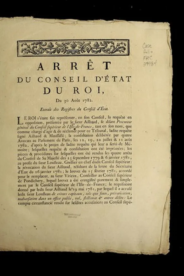 Capa de Arre t du Conseil d'E tat du roi, du 30 aou t 1782