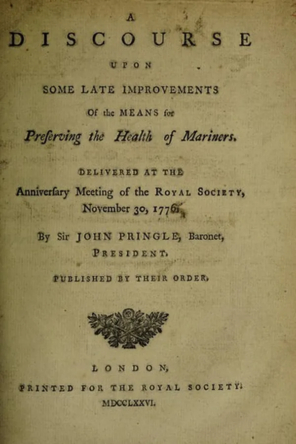Capa de A discourse upon some late improvements of the means for preserving the health of mariners. Delivered at the anniversary meeting of the Royal Society, November 30, 1776