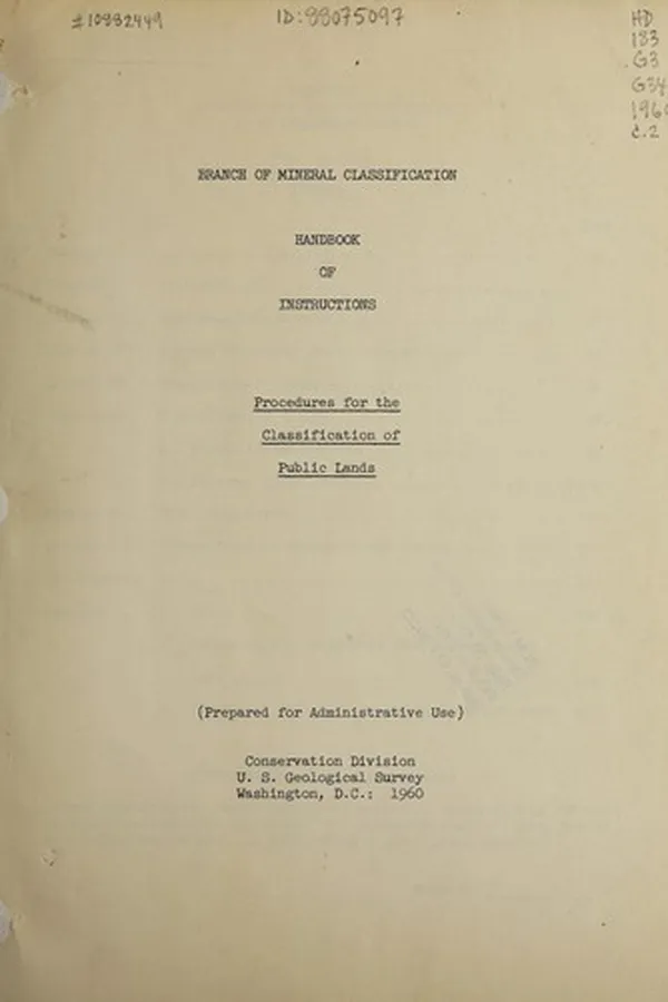 Capa de Branch of Mineral Classification handbook of instructions