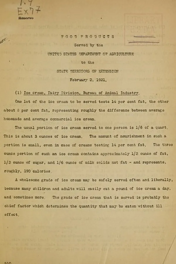 Capa de Food products served by the Department of Agriculture to the State Directors of Extension, February 2, 1921