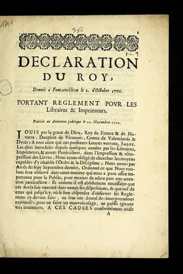Capa de Declaration du roy, donne e a   Fontainebleau le 2. d'Octobre 1701, portant reglement pour les libraires & imprimeurs