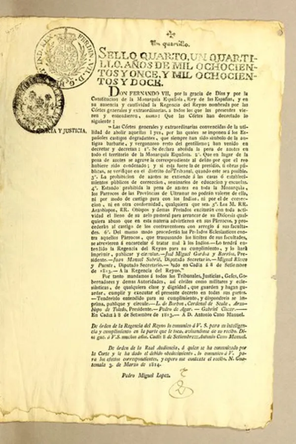Capa de Don Fernando VII, por la gracia de Dios ... y en su ausencia y cautividad la Regencia del Reyno ... Las Córtes generales y extraordinarias convencidas de la utilidad de abolir aquellas leyes .
