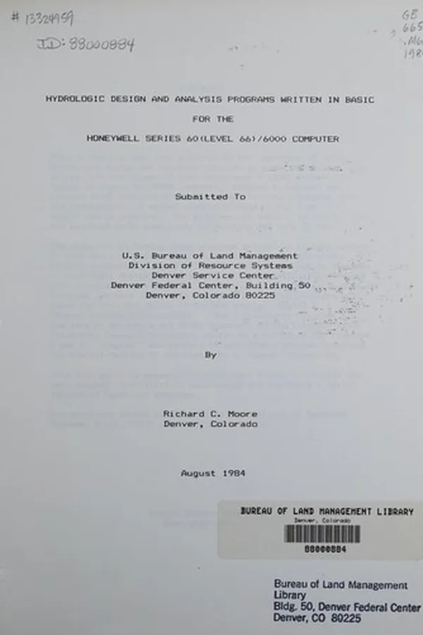 Capa de Hydrologic design and analysis programs written in BASIC for the Honeywell series 60 (Level 66)/6000 computer