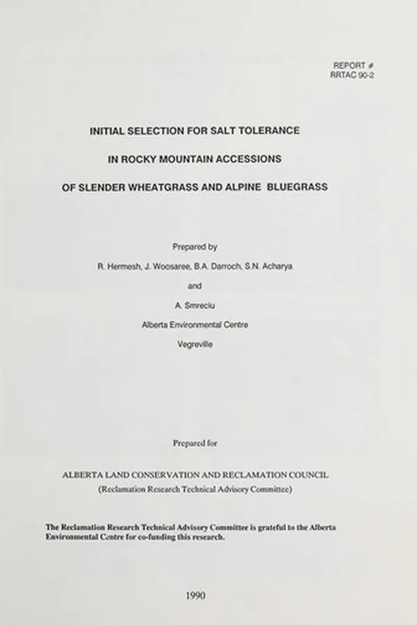 Capa de Initial selection for salt tolerance in Rocky Mountain accessions of slender wheat grass and alpine bluegrass