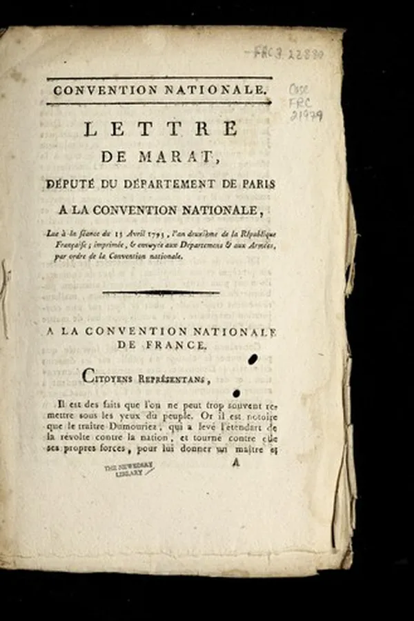 Capa de Lettre de Marat, de pute  du de partement de Paris, a la Convention nationale, lue a   la se ance du 13 avril 1793, l'an deuxie  me de la Re publique franc ʹaise