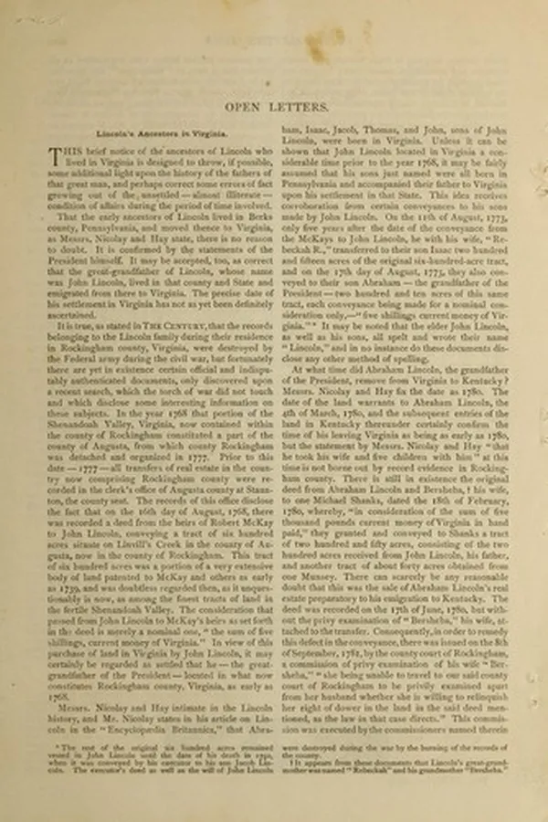 Capa de Lincoln's ancestors in Virginia