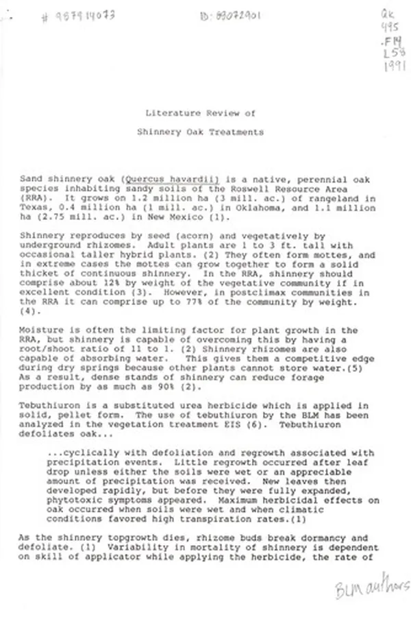 Capa de Literature review of shinnery oak treatments