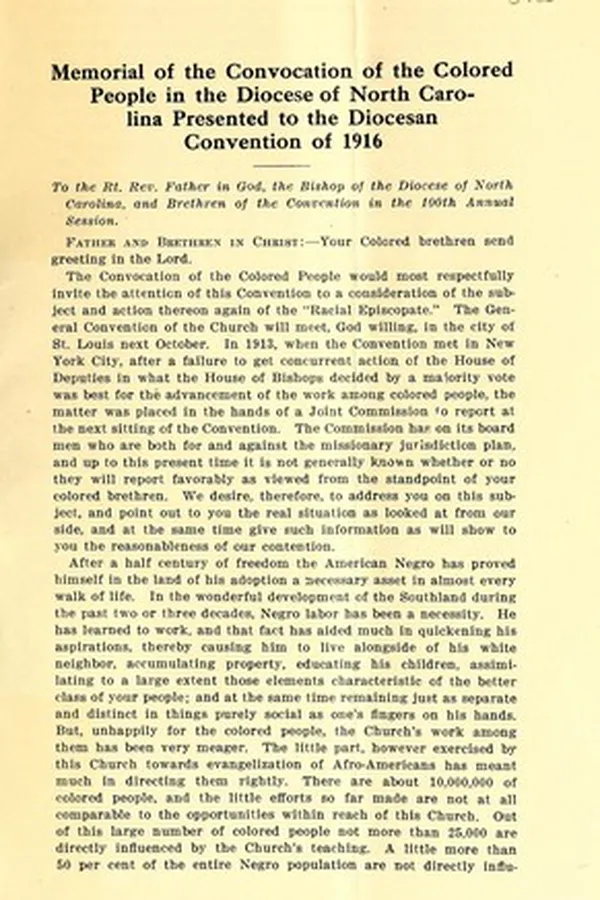 Capa de Memorial of the Convocation of the Colored People in the diocese of North Carolina presented to the Diocesan Convention of 1916