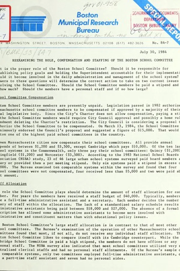 Capa de Reexamining the role, compensation and staffing of the Boston school committee