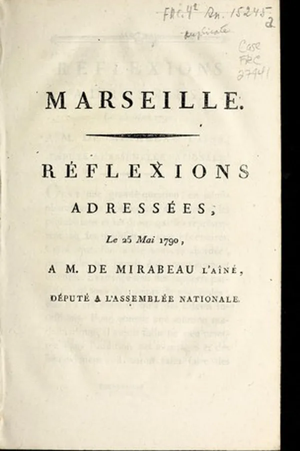 Capa de Re flexions adresse es, le 25 mai 1790, a M. de Mirabeau l'ai ne , de pute  a l'Assemble e nationale