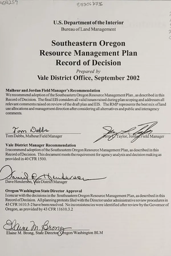 Capa de Southeastern Oregon resource management plan and record of decision