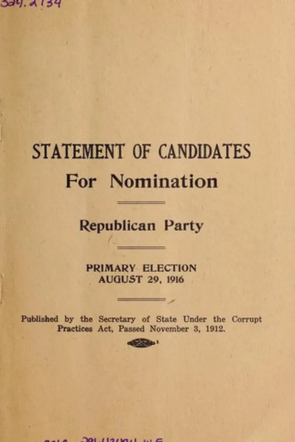 Capa de Statement of candidates for nomination, Republican Party, primary election, August 29, 1916