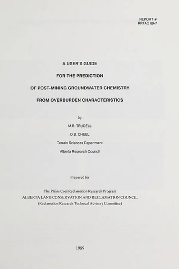 Capa de A user's guide for the prediction of post-mining groundwater chemistry from overburden characteristics