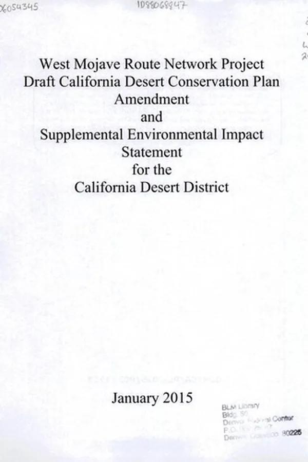 Capa de West Mojave Route Network Project draft California Desert Conservation Plan amendment and supplemental environmental impact statement for the California Desert District