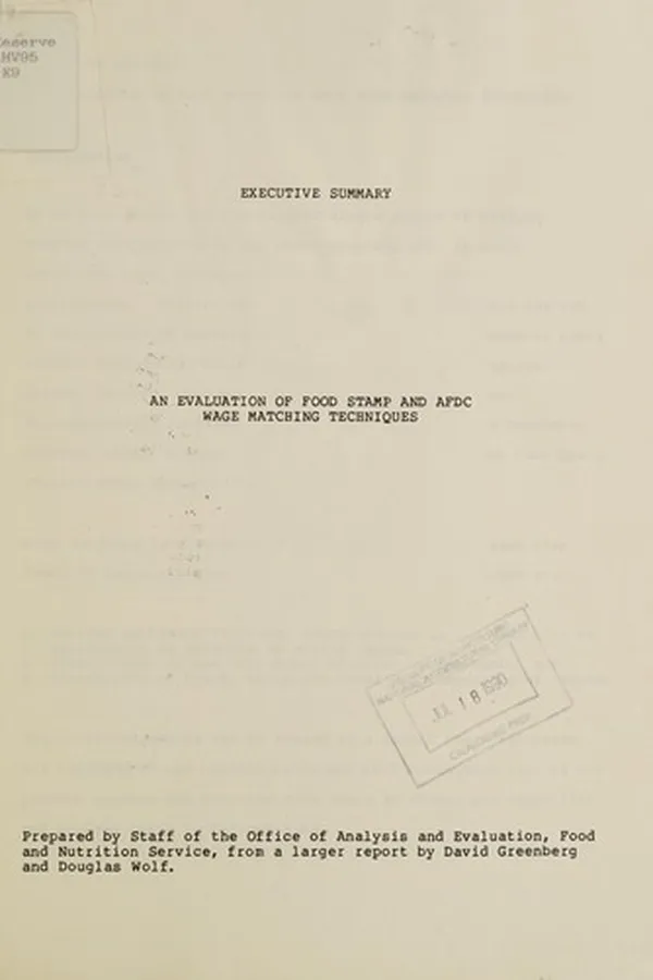 Capa de An Evaluation of Food Stamp and AFDC wage matching techniques