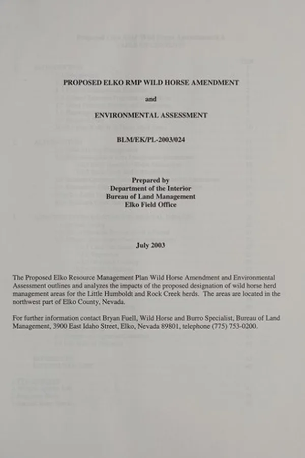Capa de Proposed Elko resource management plan wild horse amendment and environmental assessment