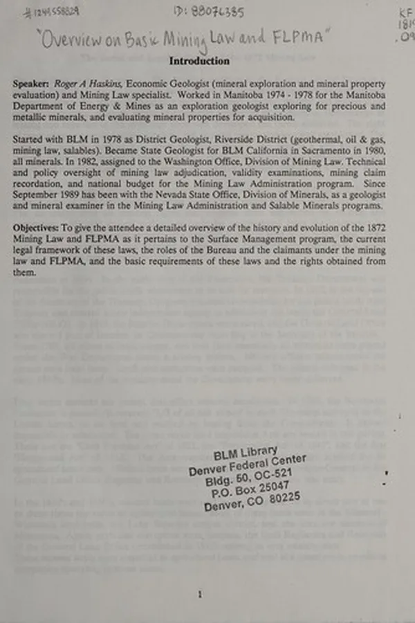Capa de Overview on basic mining law and FLPMA