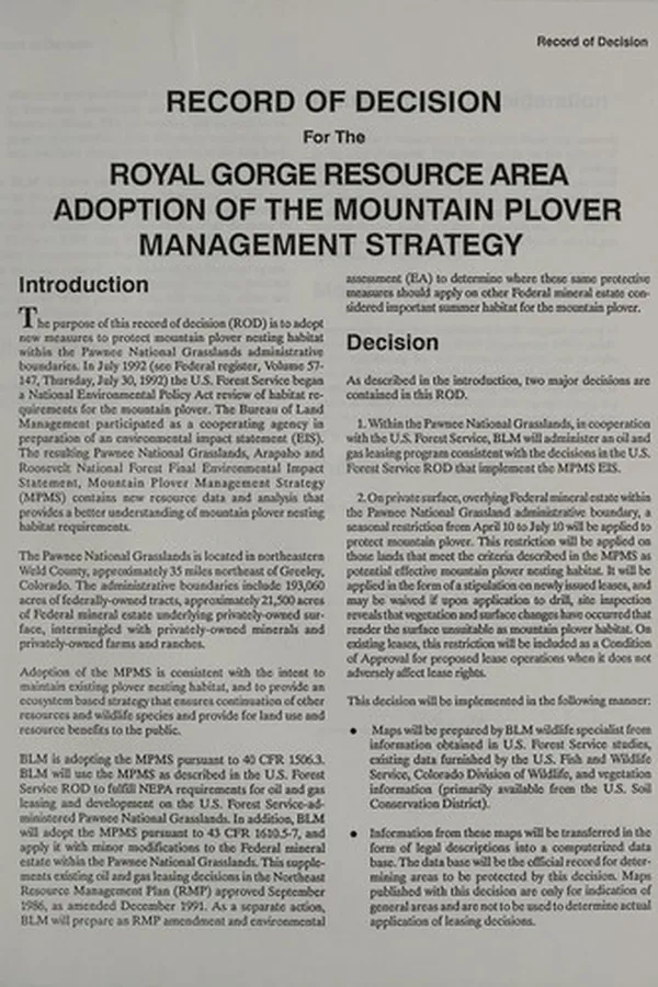 Capa de Record of decision for the Royal Gorge resource area adoption of the mountain plover management strategy