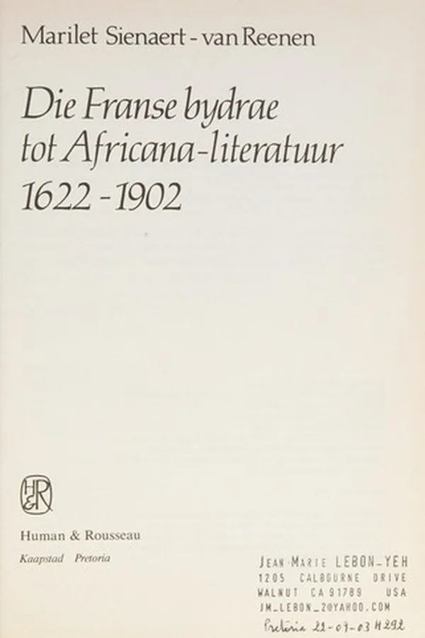 Capa de Die Franse bydrae tot Africana-literatuur, 1622-1902