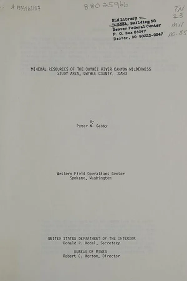 Capa de Mineral resources of the Owyhee River Canyon Wilderness Study Area, Owyhee County, Idaho