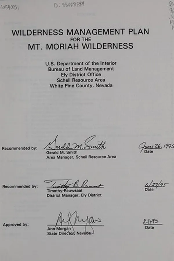 Capa de Wilderness management plan for the Mt. Moriah Wilderness