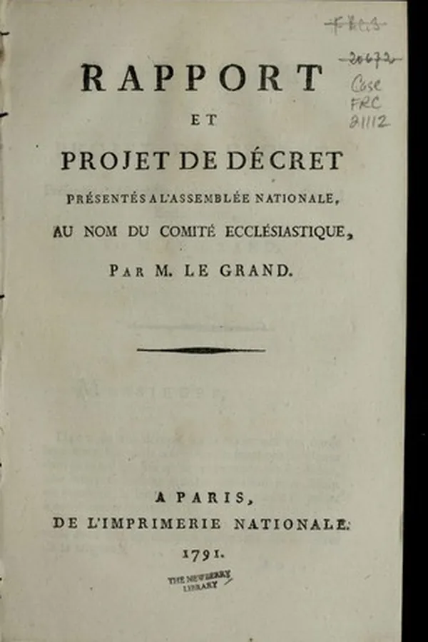 Capa de Rapport et projet de de cret pre sente s a   l'Assemble e nationale, au nom du Comite  eccle siastique