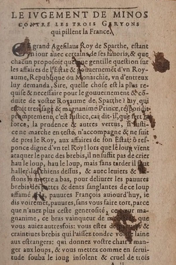 Capa de Le iugement de Minos, contre les trois Geryons qui pillent la France