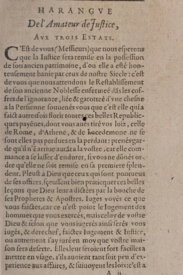 Capa de Harangue de l'amateur de iustice, aux trois estats