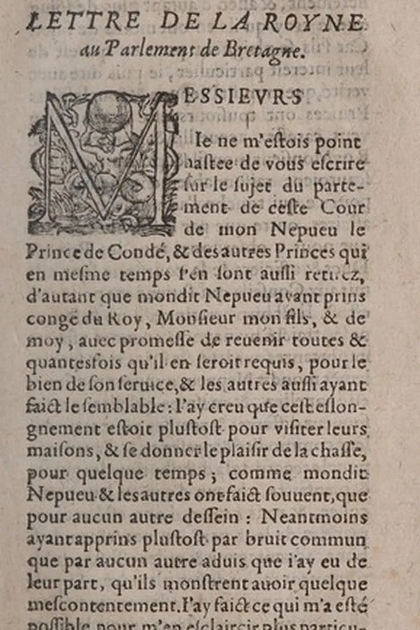 Capa de Lettre de la royne au parlement de Bretagne
