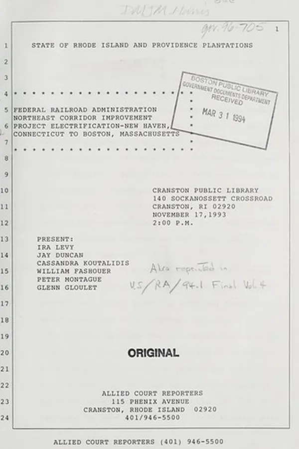 Capa de Federal railroad administration northeast corridor improvement project electrification - new haven, Connecticut to Boston, Massachusetts (hearing, cranston public library, November 17, 1993, 2:00 pm)
