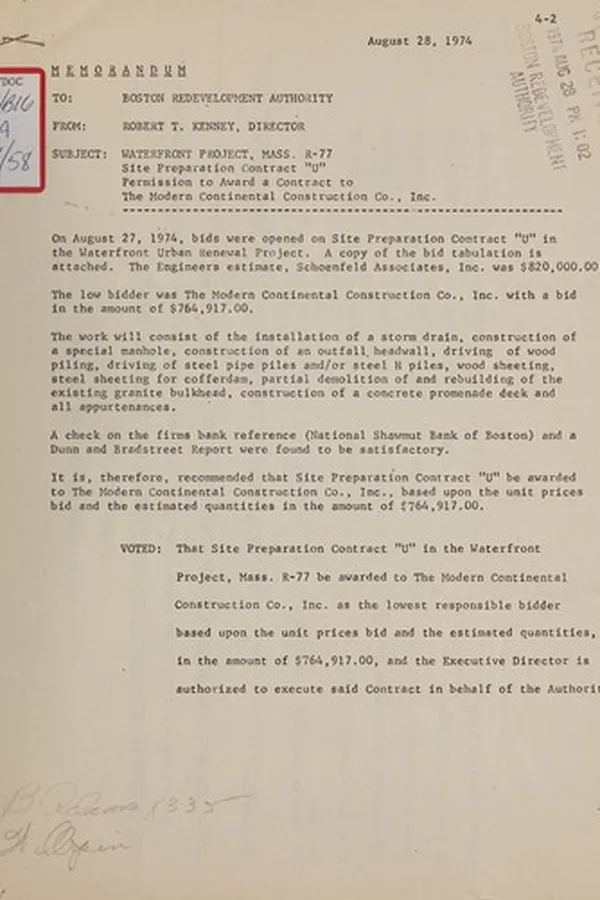 Capa de Waterfront project, mass. R-77, site preparation contract "u", permission to award a contract to the modern continental construction co., inc