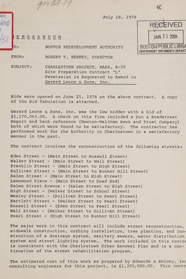 Capa de Charlestown project, mass r-55, site preparation contract "l" permission is requested to award to gerard leone and sons, inc