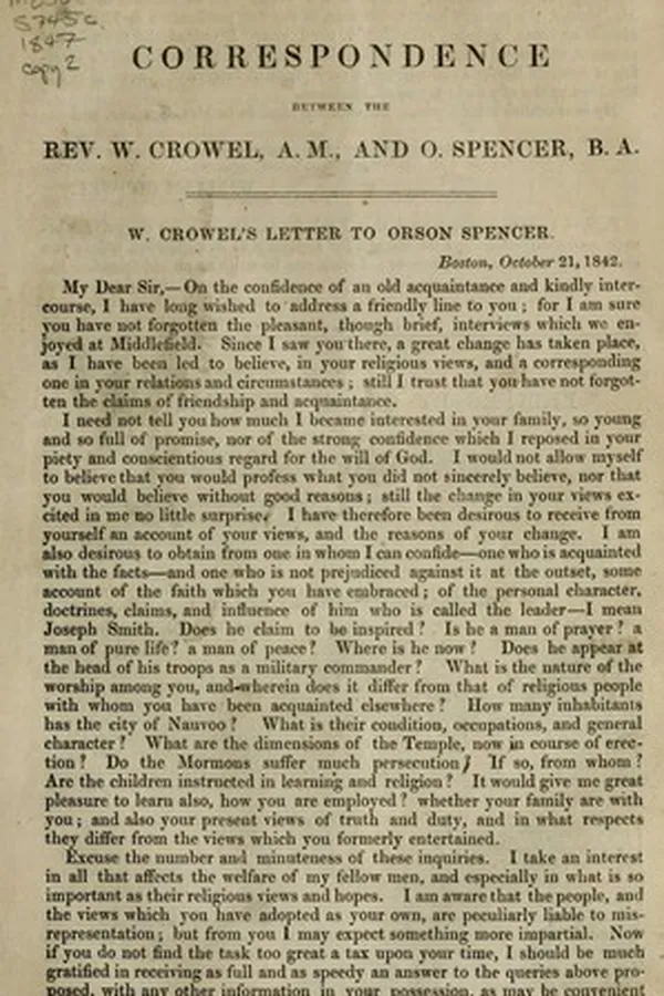 Capa de Correspondence between the Rev. W. Crowel, A.M., and O. Spencer, B.A