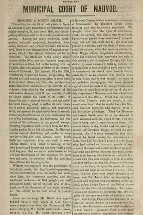 Capa de Evidence taken on the trial of Mr. Smith, before the Municipal Court of Nauvoo, on Saturday, July 1, 1843