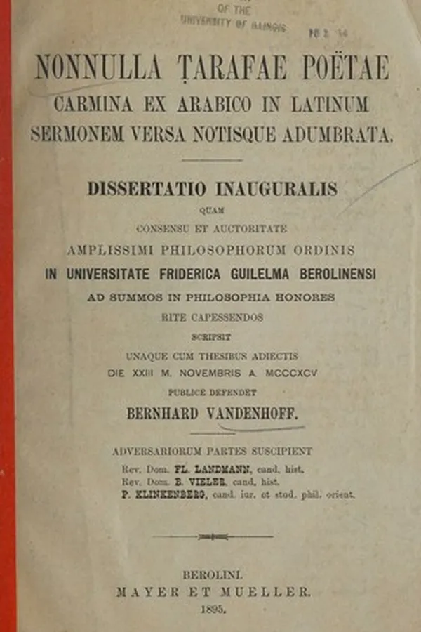 Capa de Nonnulla Ṭarafae poëtae carmina ex Arabico in Latinum sermonem versa notisque adumbrata