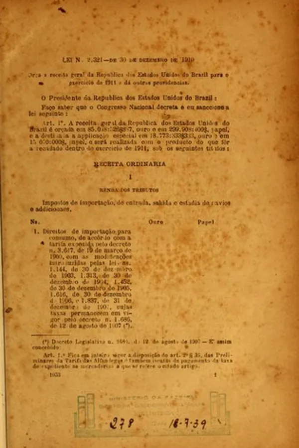 Capa de Receita Geral de 1911. Orça a receita geral da República dos Estados Unidos do Brazil para o exercício de 1911 e dá outras Providencias. Lei N.º 2.321,  de 30 de Dezembro de 1910