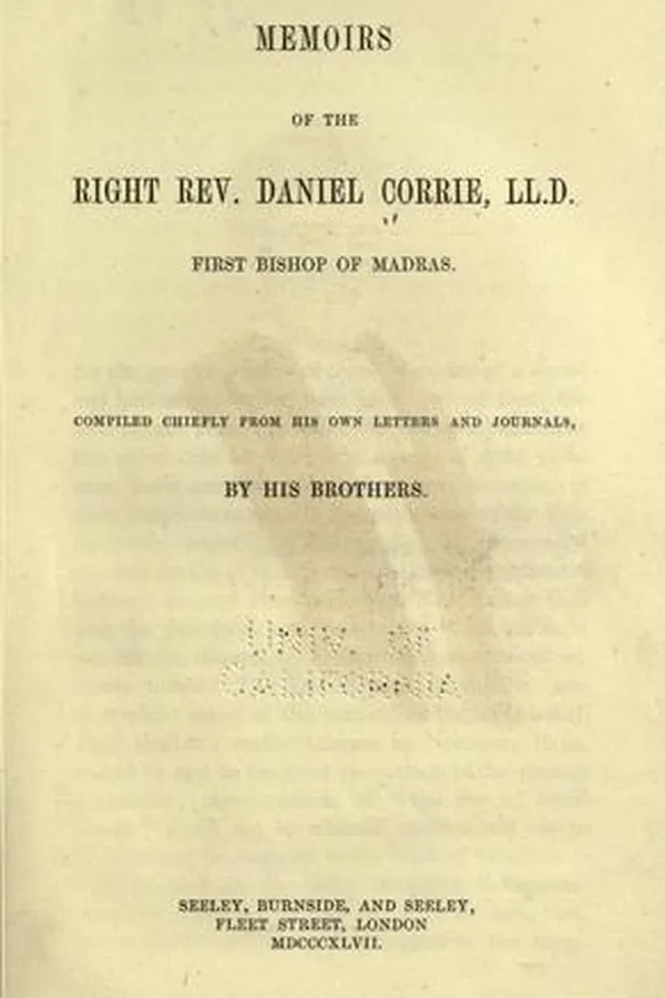 Capa de Memoirs of the Right Rev. Daniel Corrie, LL.D., first bishop of Madras