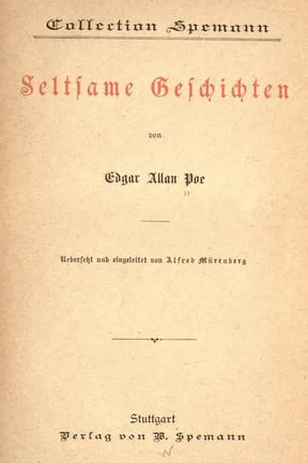 Capa de Seltsame Geschichten (Balloon-Hoax / Descent into the Maelström / Facts in the Case of M. Valdemar / Gold-Bug / Murders in the Rue Morgue / Mystery of Marie Roget / Purloined Letter / Tell-Tale Heart)